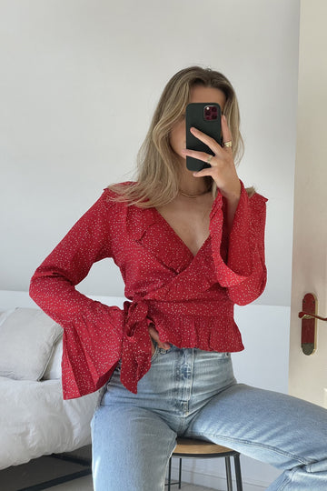 Slaytwins Cassie Polka Dot Wrap Blouse- Red SlayTwins